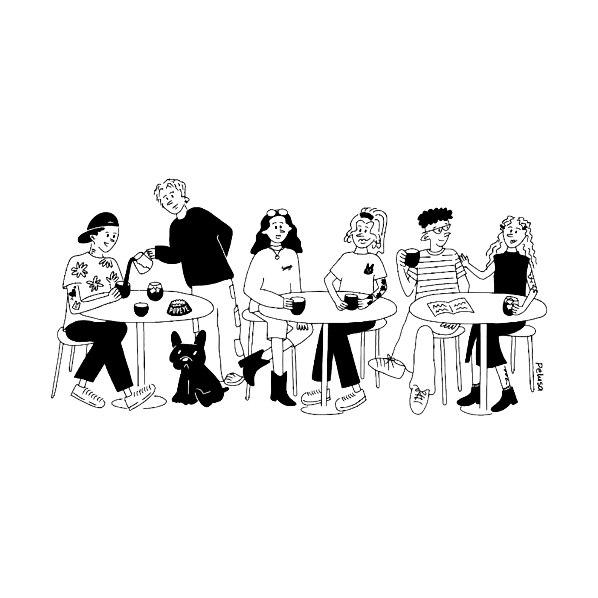 Akay Cafe’de arkadaş ortamında kahve ve sohbet keyfi çizimi
